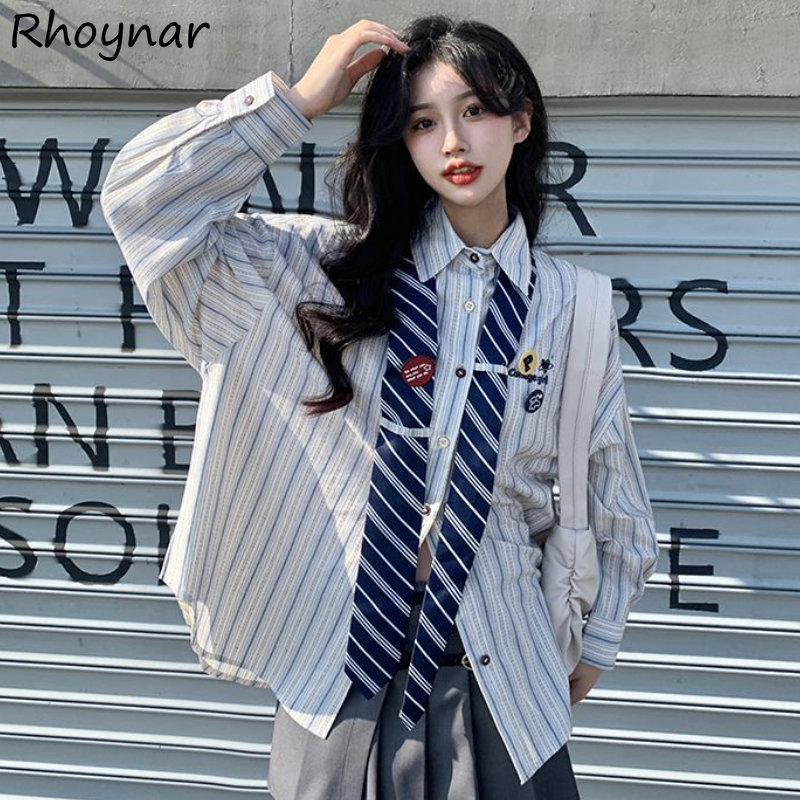 Street Fashion In Japanese - Harajuku feminino Camisas listradas, Baggy Preppy,